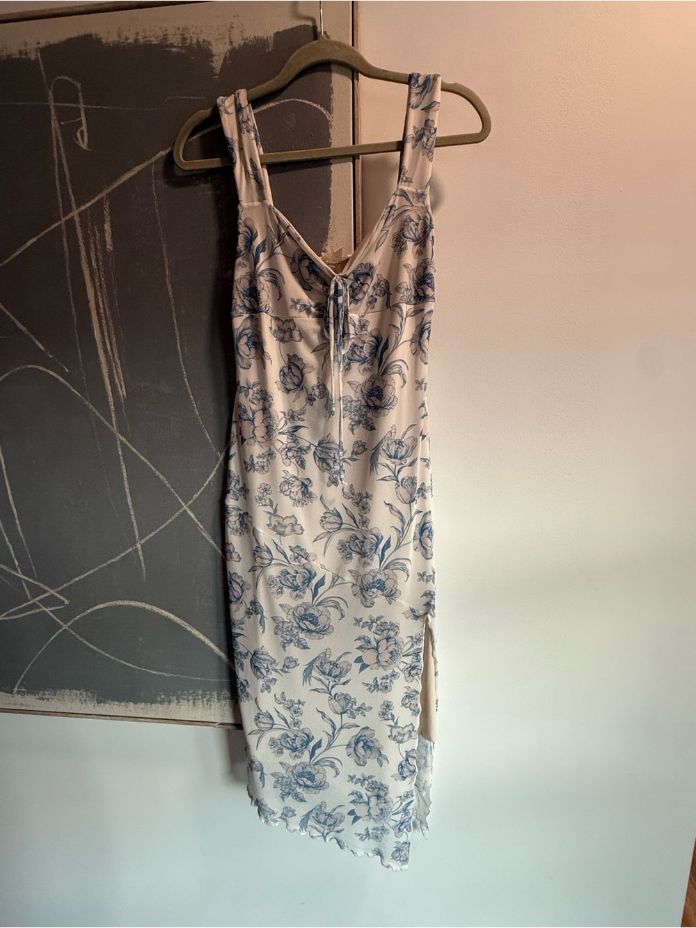 See You Monday White Midi Slip Dress with Blue Floral Print